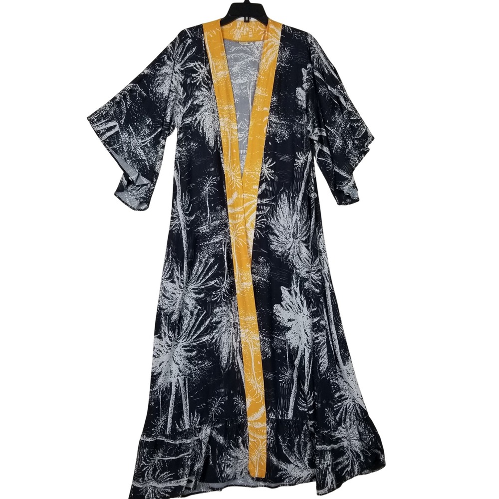Maaji Duster Cardigan Womens Small Black Yellow Palm Tree Print Ruffle OP17693